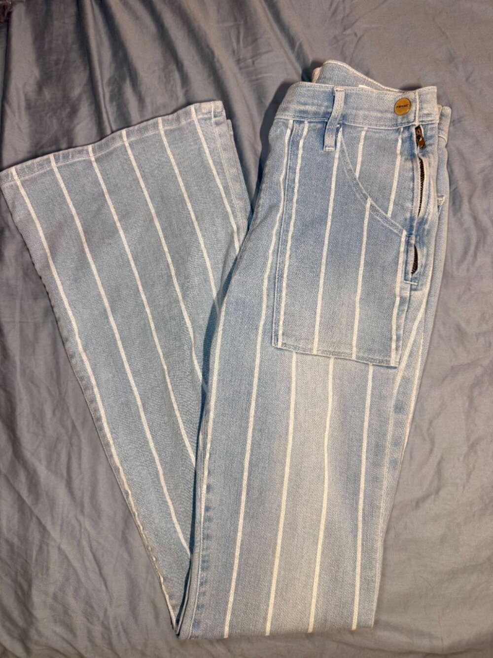 FRAME Le Flare de Françoise High Rise Flare Jeans | Light Wash Striped | Size 27
